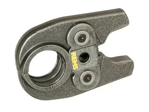 Pressbacke aus Metall mit zweigeteilter Auflagefläche, geeignet für die Verbindung von Rohren, sichtbar mit Markenlogo von Fränkische.